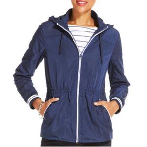 TOMMY HILFIGER WOMENS NAVY BLUE LIGHT WEIGHT HOODED RAINCOAT SIZE XS